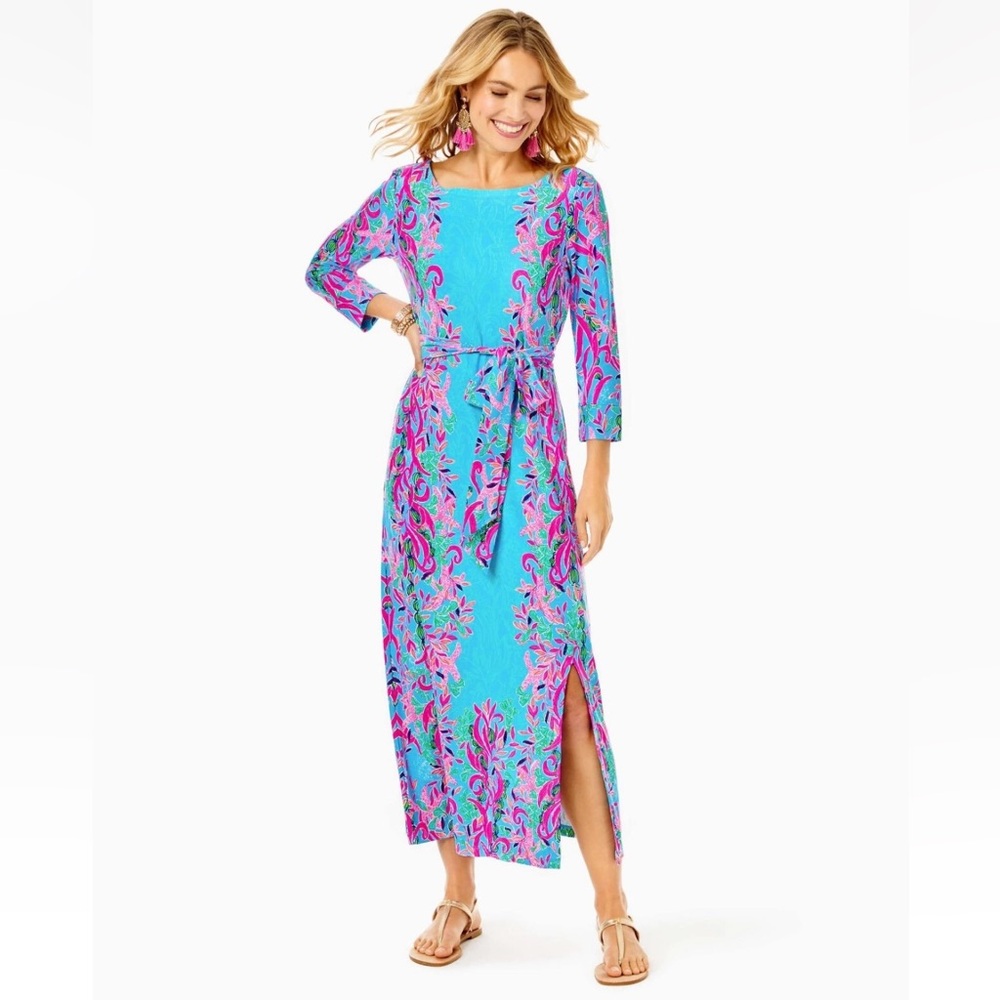 Lilly Pulitzer Carabella Chillylilly Midi Dress Seaweed Samba Print UPF 50